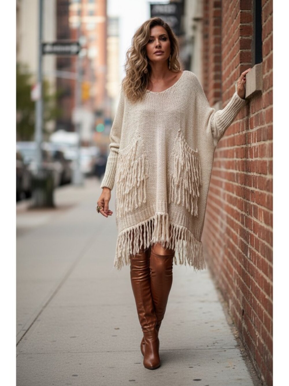 Dramatic Retro Fringe Patch Pockets Long Sleeve Baggy Oversized Knit Sweater